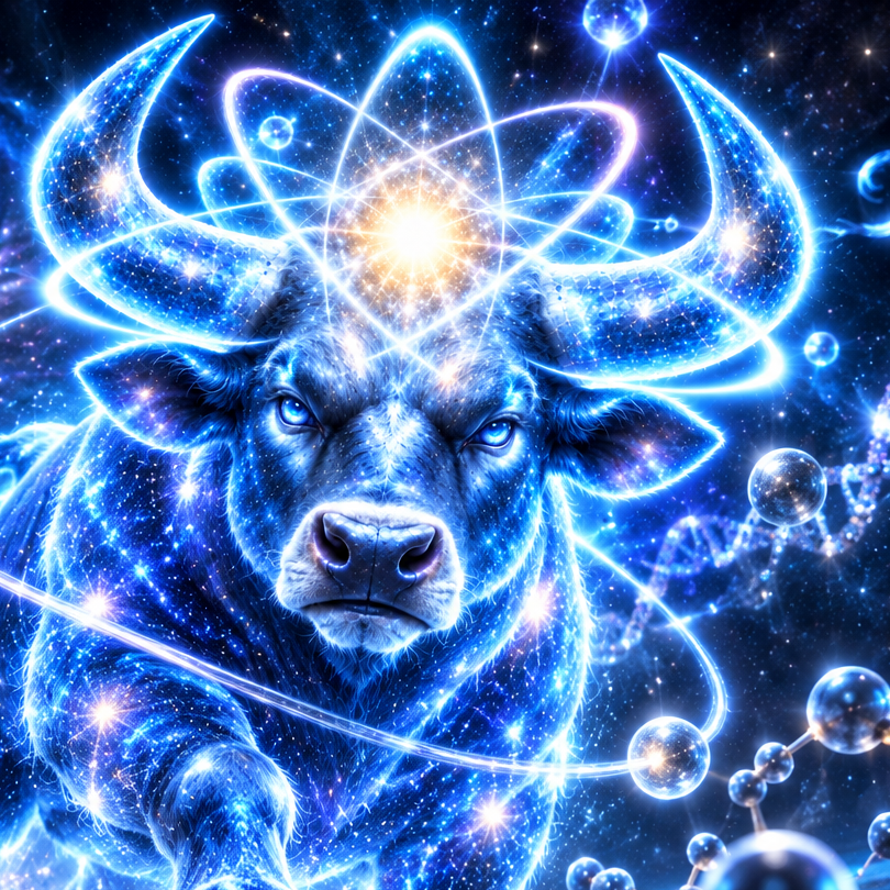 Star-filled quantum bull surrounded by glowing orbital spheres in space
